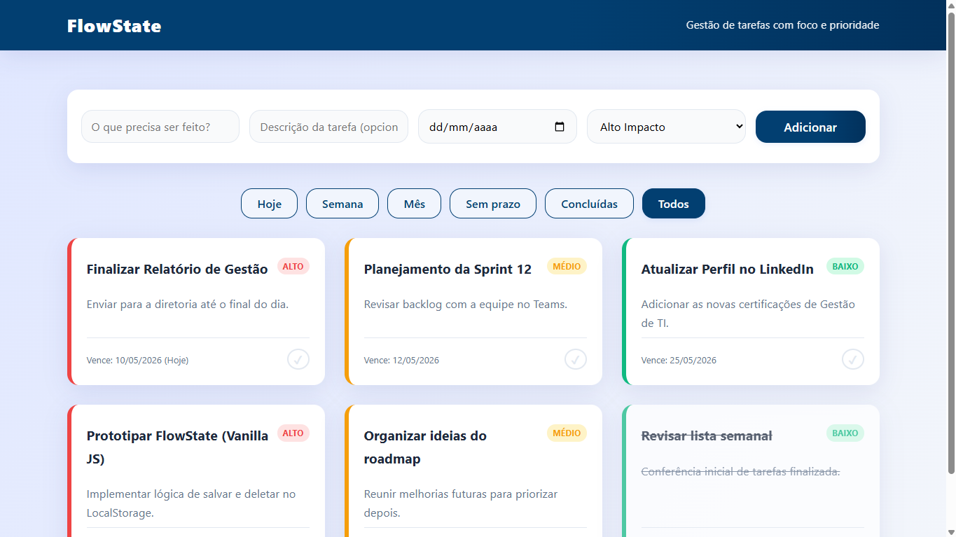 Visualização do projeto FlowState - Gestão de Tempo